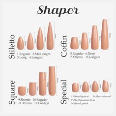 If you're unsure of your nail size and prefer not to measure your nails, consider purchasing a 'Fit Kit Pack' instead! This is the most accurate way to determine your nail size and see how the length will look on you. The kit includes 12 sample nails in your preferred shape and length, ranging in size from 0 to 11. After trying on the samples, please record your sizes and you can request a custom size for your order at no extra cost. Simply indicate your size in the select Custom when placing yo Nails Sizes Shape, Mid Size Nails, Acrylic Nail Shape Chart, Acrylic Nails Sizes Chart, Extra Short Stiletto Nails, Nail Type Chart, Nails Sizes Chart, Coffin Pearl Nails, Short Stiletto Nail Designs