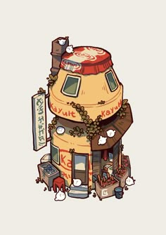 an image of a cartoon building with lots of stuff on the roof and around it