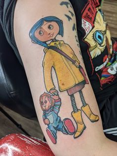 #coraline
#chuckydoll Chucky Doll Tattoo, Childs Play Tattoo, Chuckie Tattoo, Caroline Tattoo, Play Tattoo, Chucky Tattoo, Coraline Tattoo, Kitty Tattoos