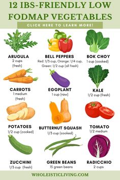 Struggling with what vegetables to eat on your IBS diet? Here are 12 examples of generally IBS-friendly vegetables (with low FODMAP serving sizes) you can try out: -Arugula  -Bell peppers -Bok choy -Carrots -Eggplant -Kale -Potatoes (counts as a starch) -Butternut squash -Tomato -Zucchini -Green beans -Radicchio  Pair with a source of carbohydrate, protein, and healthy fat for a balanced IBS-friendly low FODMAP meal.   Click to learn more and check out an extensive list of more Monash-approved, IBS-friendly low FODMAP vegetables and other foods! Low Food Map Vegetables, Fodmap Vegetables List, Low Fodmap Easy Snacks, Ibs Vegetables, Foods For Ibs Diet Plans, Low Fodmap Veggies, Fodmap Diet Meals, Low Fodmap Eggplant Recipes, Low Fodmap Diet For Beginners