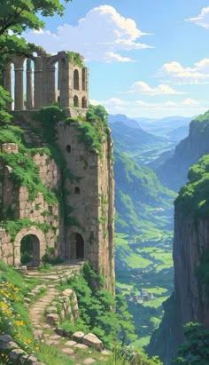 a painting of an old castle in the middle of a mountain range with trees and flowers growing on it