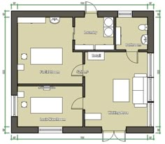 the floor plan for a two bedroom apartment with an attached kitchen and living room area