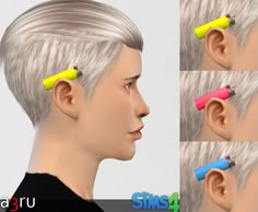 four different views of the same person's head with hair clips in their ears