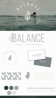 the balance logo and branding design is shown in grey, white, and green colors