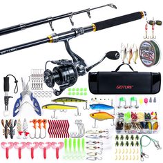 a fishing rod, reels and lures are shown in this image