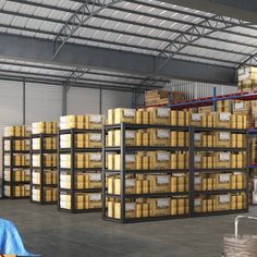 an industrial warehouse filled with lots of boxes and pallets full of yellow items on shelves