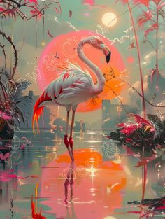 a painting of a flamingo standing in the water