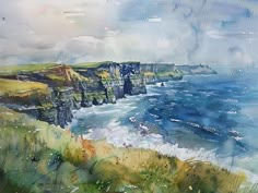 watercolor painting of cliffs and the ocean