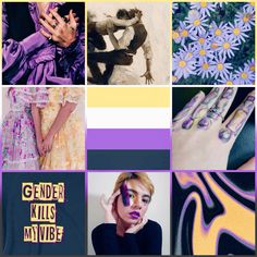 a collage of photos with purple, yellow and blue colors on them that include flowers