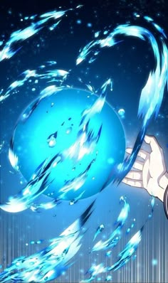 an anime character holding a blue ball in his hand and spinning it around with water