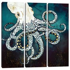 an octopus painting on canvas with blue background