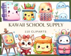 kawai school supply cliparts with cute animals and other items in the background