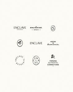 the logos for several different businesses are shown in black and white, as well as one that says enclave