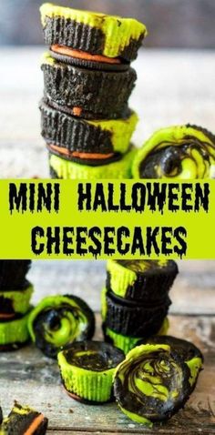 mini halloween cheesecakes stacked on top of each other with the title overlay