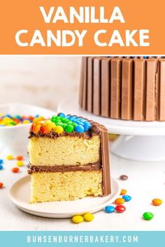 a piece of cake with m & m candy on top and the rest of the cake in the background