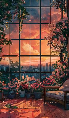 an image of a window that has flowers in it and the sun is setting outside