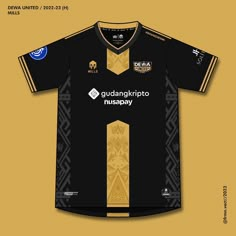 the black and gold soccer jersey is displayed on a yellow background with an intricate pattern