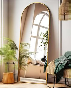 a large mirror sitting on top of a wooden floor next to a chair and potted plant