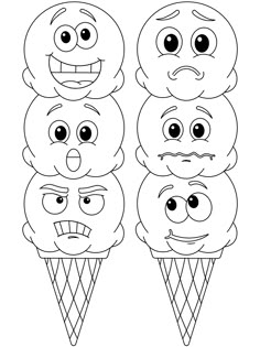 three ice cream cones with faces drawn on them, one has eyes and the other has mouth