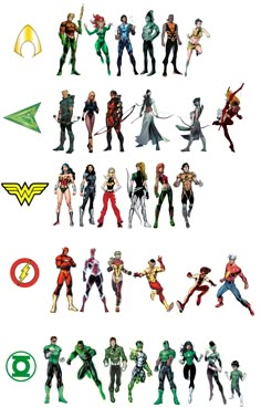 an image of many different superheros and their names on a white background with green arrow