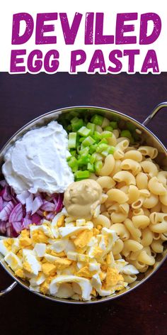 this is an image of deviled egg pasta in a pan with onions, celery and mayonnaise