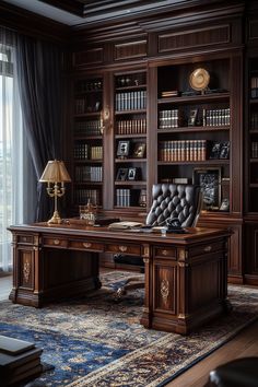 a large wooden desk sitting in front of a book shelf filled with books and lamps