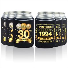 black and gold 30th birthday can coolers with balloons