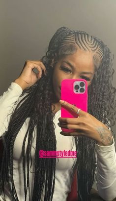 Two Braids In Front Knotless In Back, Cute Braided Styles For Black Women, Creative Braid Styles For Black Women, Outfits To Go With Braids, Hairstyle Braid Ideas, Braided Down Hairstyles Black Hair, Scalp Braids Hairstyles For Black Women, Feed In Braids Pigtails, Free Style Fulani Braids