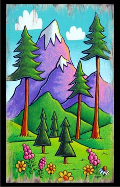 a painting of trees and mountains with flowers in the foreground, on a black frame