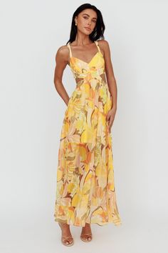 Shop the Maura Lace-Up Back Maxi Dress Floral Yellow | Selfie Leslie Floral Yellow Dress, Printed Bridesmaid Dresses, Yellow Floral Maxi Dress, Tan Mules, Yellow Sundress, Yellow Maxi Dress, Selfie Leslie, Maxi Dress Floral, Yellow Floral Dress