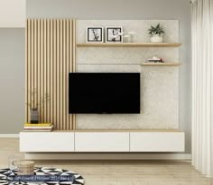 a living room with a television on the wall and shelves above it, along with a potted plant