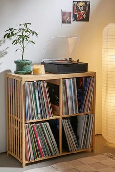 a record player sitting on top of a wooden shelf next to a potted plant