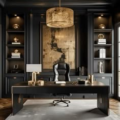 an elegant home office with black walls and wooden floors, built in bookcases