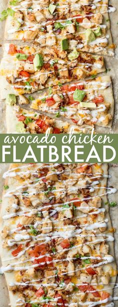 chicken flatbread with tomatoes, avocado and ranch dressing on top is shown