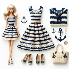 a barbie doll is dressed in blue and white striped dress with matching purse, shoes, and handbag