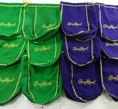 "This listing is for (1) Lot of Crown Royal Medium size Purple and Green Drawstring Bags as seen in the pictures. The number of bags in the lot you will receive is based on which quantity you pick. Approximately 8-9\" in length. The bags are from a large quantity we received, and in good used condition. They do have wrinkles from storage. You will receive the exact items you see in the pictures. Please closely examine the photos for the best look possible! Thank you for your interest in our list Royal Theme Party, Crown Royal Quilt, Crown Royal Bags, Royal Theme, Fabric Crown, Fabric Drawing, Masks Crafts, Gnomes Crafts, Glasses Shop