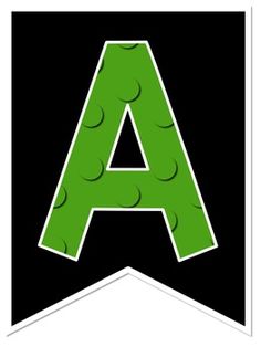 the letter a is made out of green legos and has black background with white letters