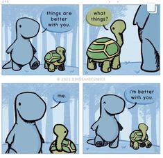 a comic strip with an image of two turtles and one turtle sitting on the ground