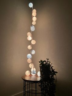 a table with some lights on it next to a potted plant