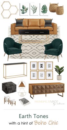 a living room with furniture and decor in shades of brown, green, white and gold