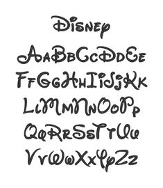 the font and numbers for disney's character characters are drawn in black ink on white paper