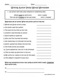 the worksheet for writing action verbs worksheets is shown in black and white