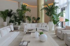 a living room filled with white couches and potted plants