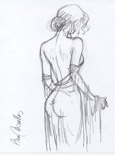 a pencil drawing of a woman with her back to the camera