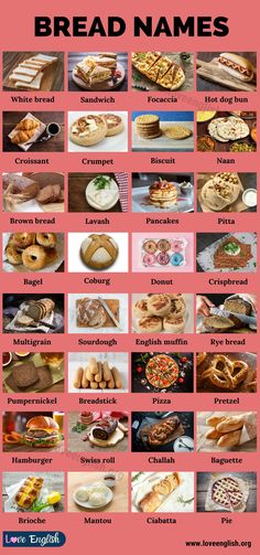 bread names in english with pictures of different types of breads and pastries on them