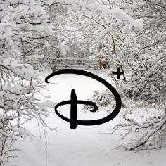 a black and white photo of snow covered trees with the letter c in it's center