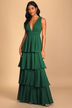 Green Cutout Dress, Green Tiered Dress, Emerald Green Maxi Dress, Green Long Formal Dress, Tiered Bridesmaid Dress, Layered Maxi Dress, Flowy Formal Dress, Green Gowns, Green Maxi Dress