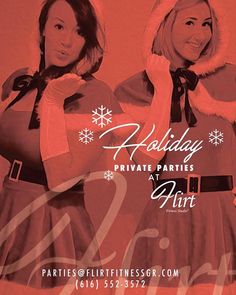 two women dressed as santa clausees posing for a holiday party advertisment