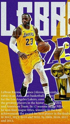 an advertisement for the los angeles lakers basketball team featuring lebron jordan and his trophy