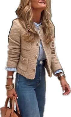 Italy Clothes, Womens Tweed Jacket, Casual Chique, Tweed Coat, Mini Robes, Basic Jackets, Weave Style, Pocket Jacket, Looks Chic